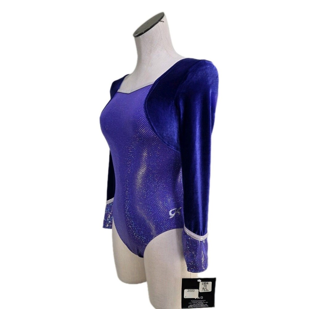 GK Elite VTG Royal Pixelated LS Velvet Sleeves Leotard Blue Violet AS Adult S - Picture 2 of 16